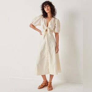 Sessun Mahavira 100% Cotton Cream Button Tie Front Midi Dress XS